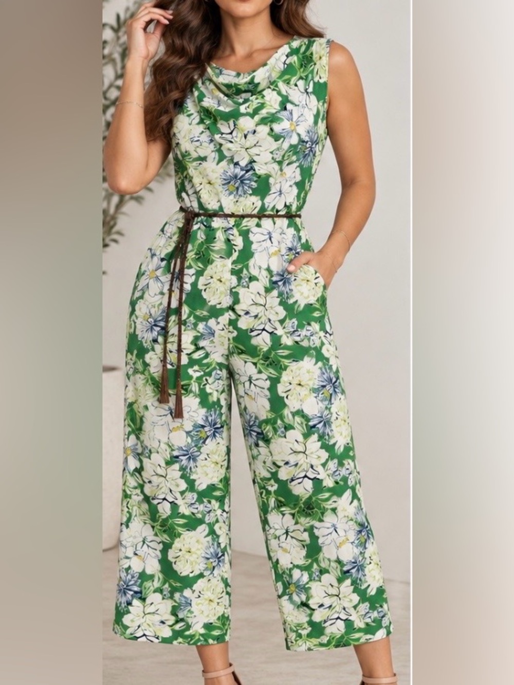 Zara Green Floral Wide-Leg Romper with Belt